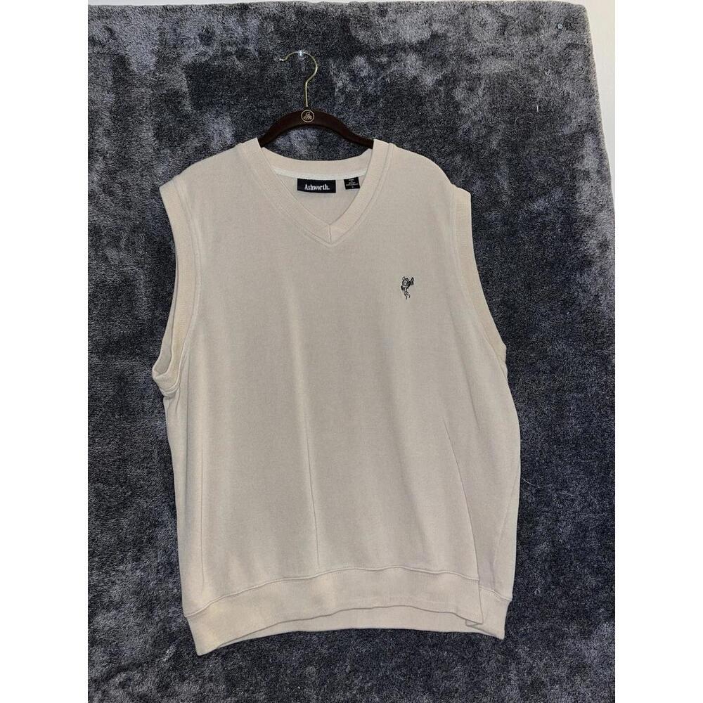 Vtg Ashworth Cream Fleece Vest Golf‎ Sweater V Neck Men L 90s